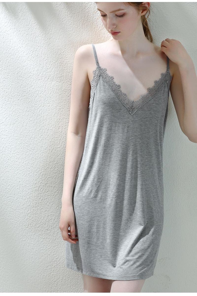 Plus-Size Elegance: Sleeveless V-neck Suspender Pajama Skirt, Pure Lace Splicing, Summer Thin Style For Curvy Women Up To 150kg_voghion.com