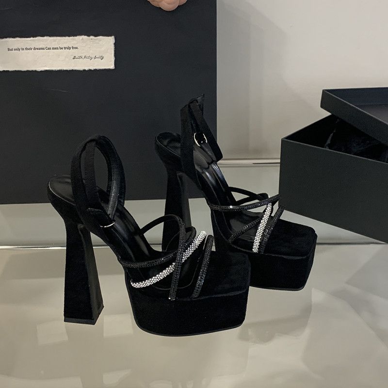 2025 Summer New 15cm Rhinestone Belt Runway W's Straight Button Square Toe High Heels, Socialite Style Sandals For_voghion.com