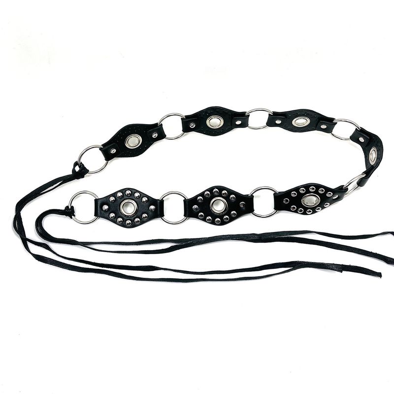 American Style Y2K Spicy Girl Round Ring Leather Patchwork Belt Black Rivet Metal Buckle Design Sense Tie Waist Rope_voghion.com