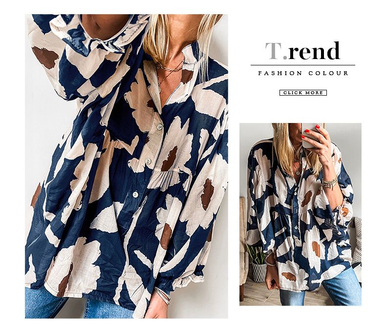 Shiying Fashion Versatile Fiore Stampato Autunno Nuovo Stile Largo Coprire la Carne V-collo Maglietta a Maniche Lunghe per le Donne_voghion.com