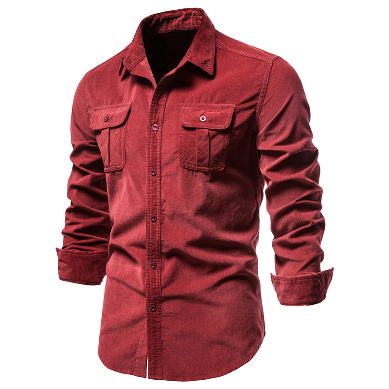 Men's autumn cotton basic corduroy business slim fitting casual shirt men's new long sleeved jacket_voghion.com