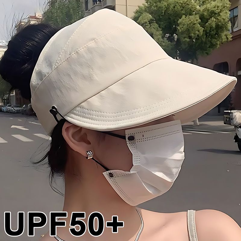 Fashion Korean Women Empty Top Foldable Wide Brim Sun Protection Hats Summer Visor Fisherman Face Mask Hook Hat Ponytail Cap_voghion.com