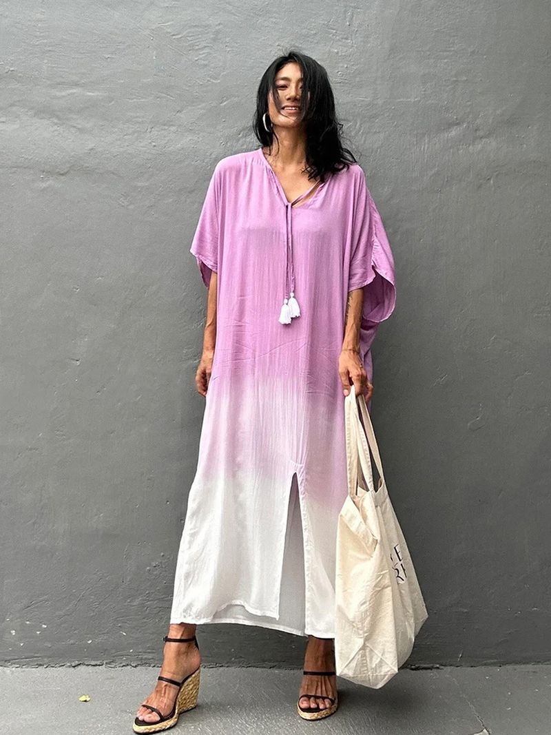 Jupe de plage en coton dégradé de couleurs pour femmes, cache-maillot à fente haute, pour les vacances_voghion.com
