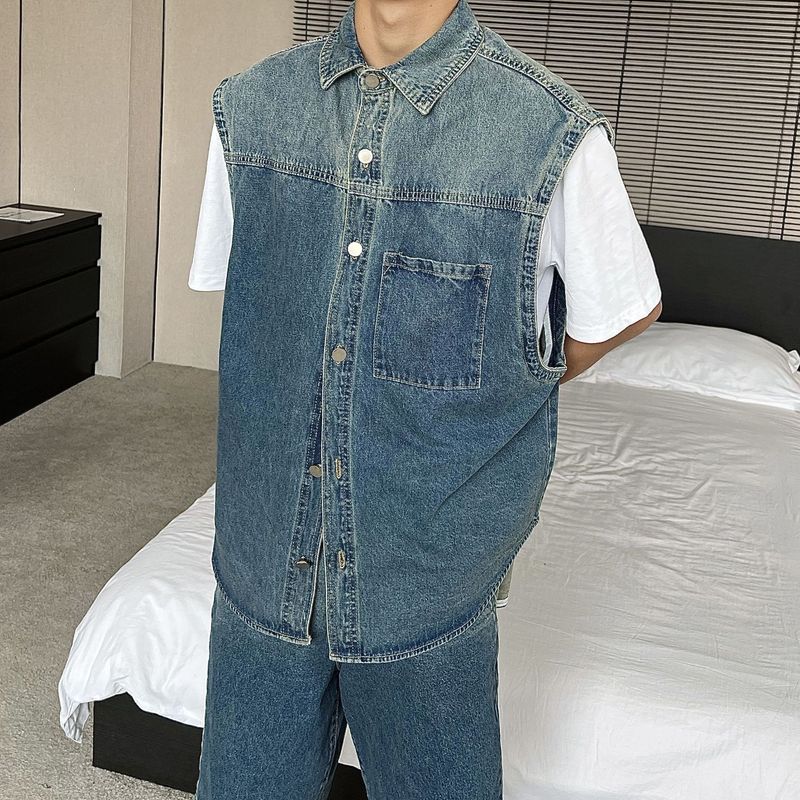 Men's Clothing Denim Vest Shorts Suit Ins Men's Fashionable Niche Loose Casual Vest Two Piece Set Trendy Summer_voghion.com
