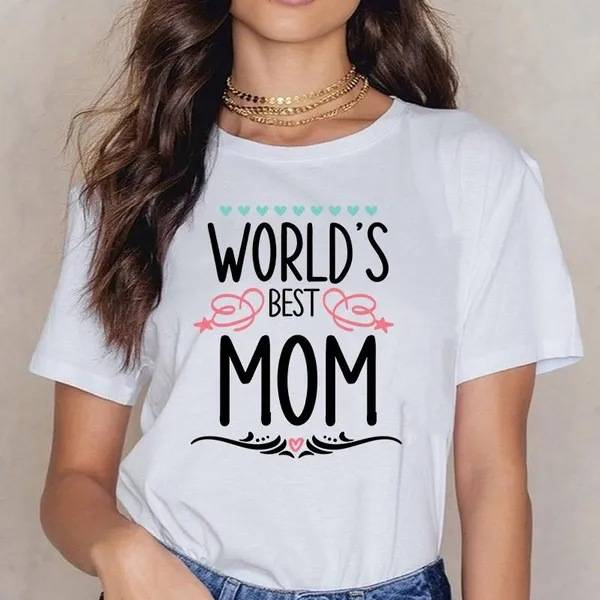 Naiste MOM emadepäeva trükitud mustriga ümara kaelusega lühikeste varrukatega T-särk_voghion.com