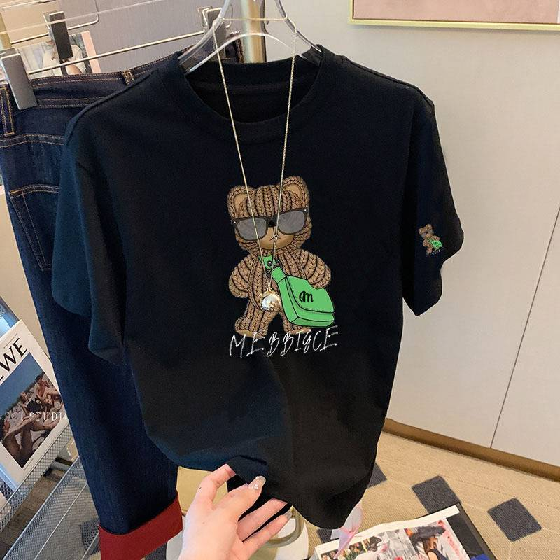 Kurzarm-T-Shirt mit Print für Damen, weiß, 2024 Sommer, neu, locker, Halbarm, gerade Schulter, lässig, All-Match_voghion.com