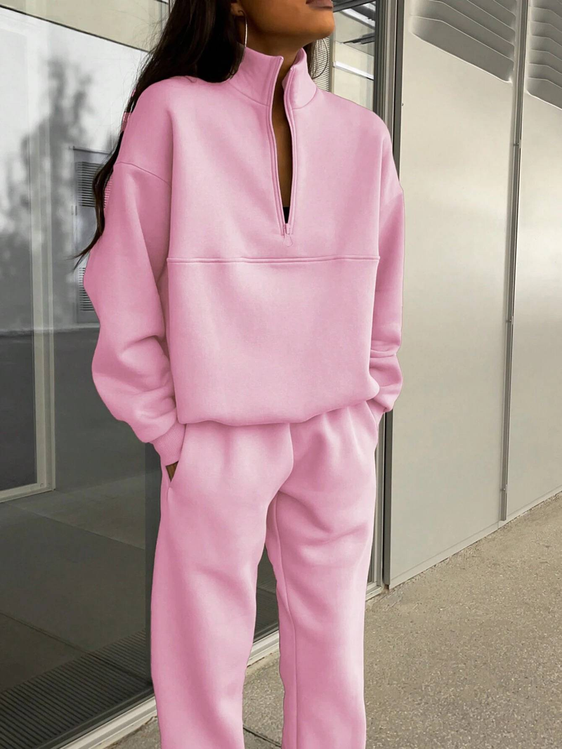 Survêtement d'automne pour femme avec fermeture éclair, ensemble deux pièces décontracté en coton, surdimensionné, blanc, pantalon de sport classique pour femme_voghion.com