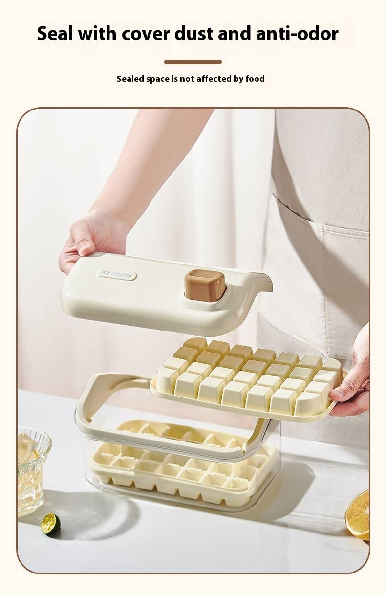 Doppelschichtige Eiswürfelschale mit Presse und Deckel, große Kapazität, lebensmittelechte Gefrierform, leicht zu lösende Eismaschine mit Schaufel für den Kühlschrank (2er-Pack)_voghion.com