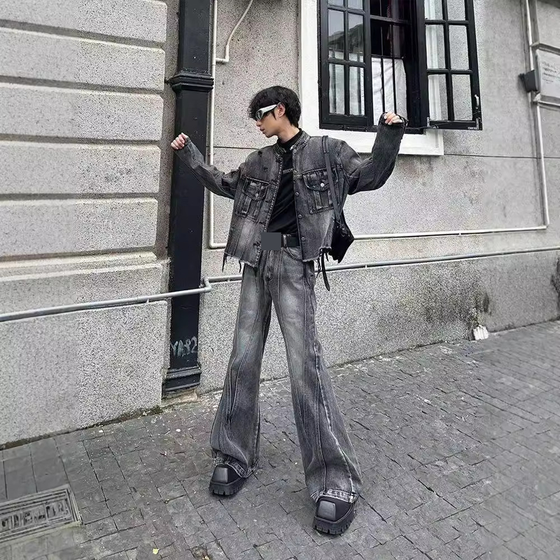 Herrenbekleidung Nischendesign Original Plissee Dekonstruierter Woll-Jeansanzug Retro-Jeans Zweiteiliger Anzug_voghion.com