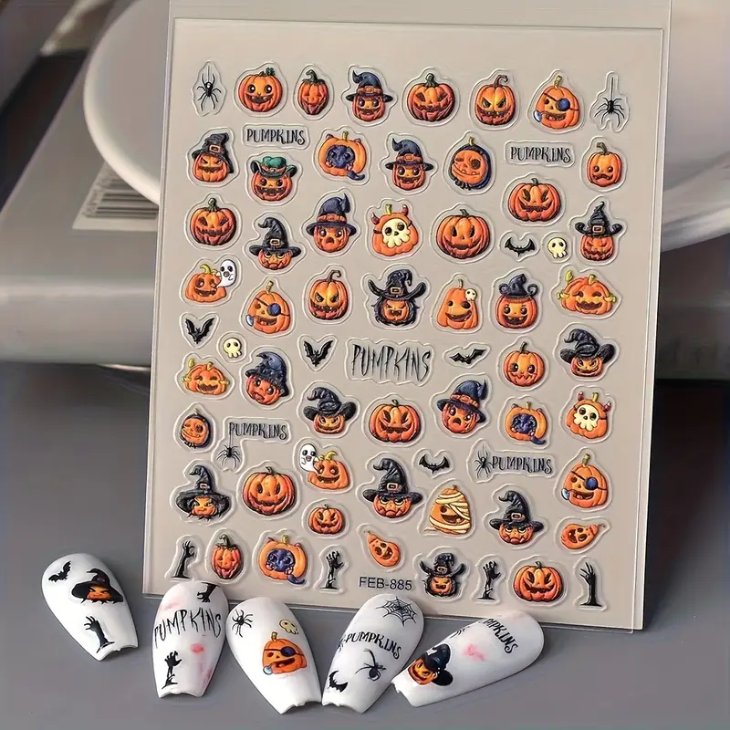 1er-Pack selbstklebende Halloween- und Nagelaufkleber – kein Kleber erforderlich, einfach anzubringen und zu entfernen, Hexen-, Fledermaus- und Totenkopf-Designs für den Herbst, Halloween-Accessoires_voghion.com