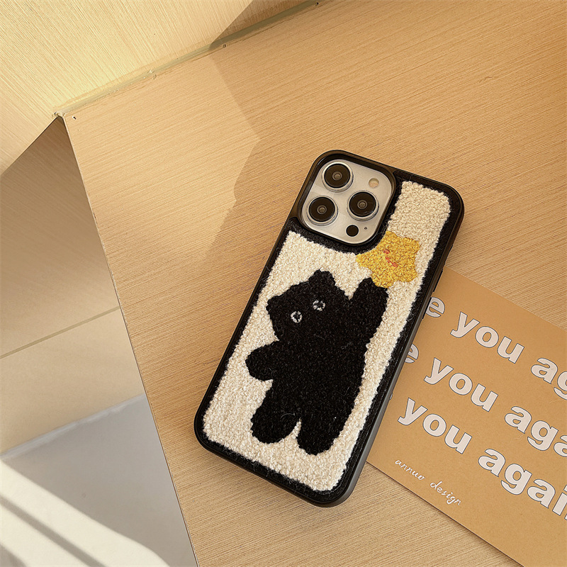 Custodia per cellulare in peluche con stella ricamata e gatto nero per iPhone 15 Promax 16, 13 carino 12_voghion.com