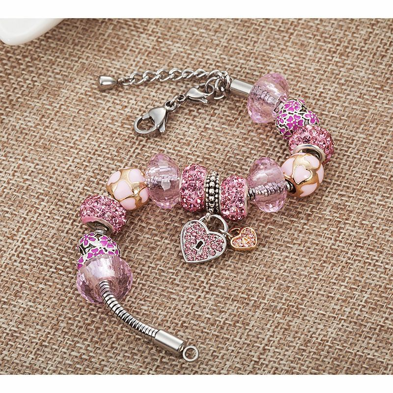 Heißer Verkauf Rosa Kristall Perlen Charme Liebe Schloss Anhänger Wer Öl Tropfen Armband_voghion.com