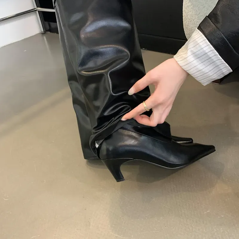 Spitzschuh Damen Winterstiefel Keil High Heels Gürtelschnalle Schwarz Braun PU Leder Botas Fashion Abendschuhe Frau 39_voghion.com