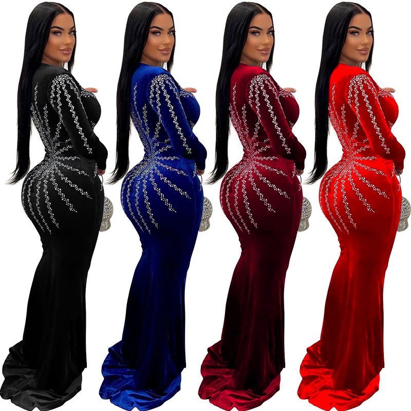 Damenbekleidung, modisches, einfarbiges, sexy, heißes Diamant-Langarmkleid mit langem Rock_voghion.com