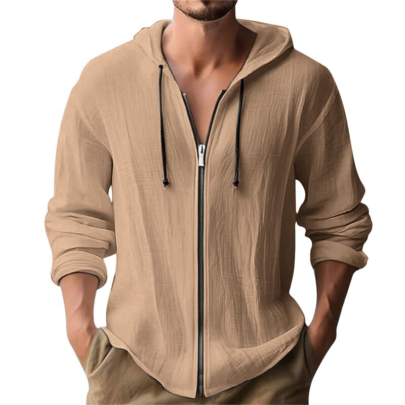 Herren-Kapuzenpullover mit Reißverschluss aus Leinenmischung – leichte, atmungsaktive Langarm-Hemdjacke (Weiß/Schwarz/Khaki, S-XXXL)_voghion.com