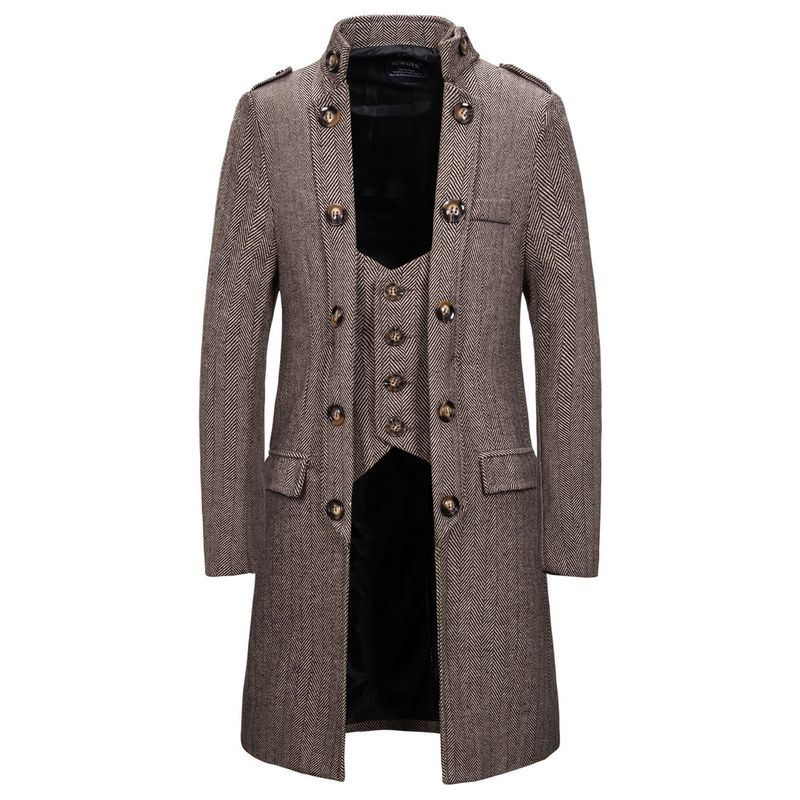 Herrenbekleidung Mantel langer Stil Männer gefälschte zwei Fischgräten-Tweed-Mantel-Trenchcoat_voghion.com