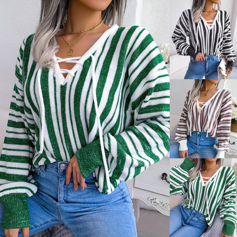Maglione pullover a maniche lunghe con laccetti e motivo a blocchi di colore, stile Ins, autunno inverno, moda donna_voghion.com