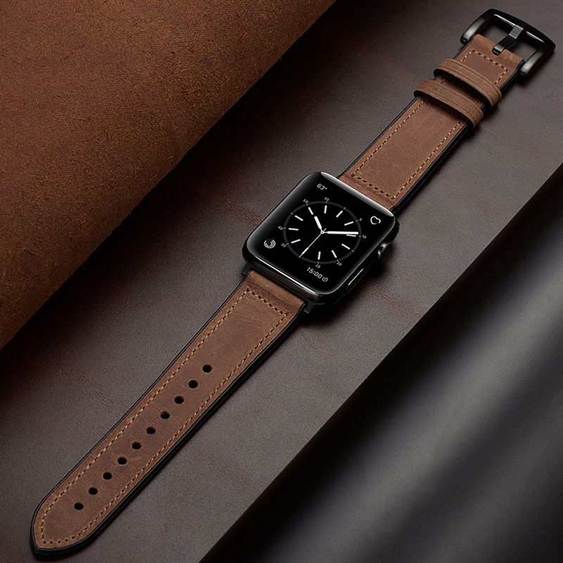 Correa vintage de piel auténtica para Apple Watch Series 9/8/7/6/Ultra - Fabricada a mano con base de silicona, ajuste ajustable, estilo clásico (tallas 38-49 mm)_voghion.com