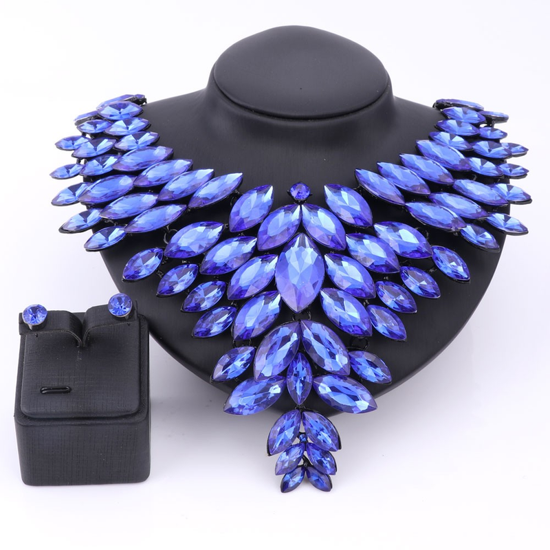 Schwarze Kette Kristall Braut Statement-Schmuck-Set für Bräute Halskette Ohrring Hochzeit Zubehör Schmuck-Sets_voghion.com
