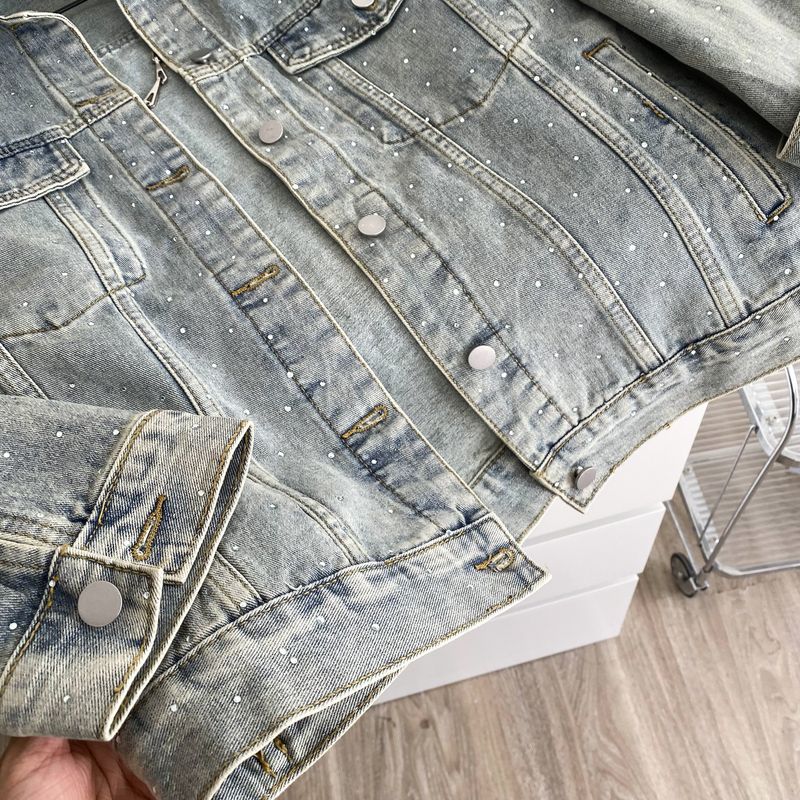 Damenbekleidung Jeansjacke Lockere Freizeitjacke Vintage Bestickte Jeansjacke Damen Langarm Distressed Freizeitmantel mit Strassdetails_voghion.com