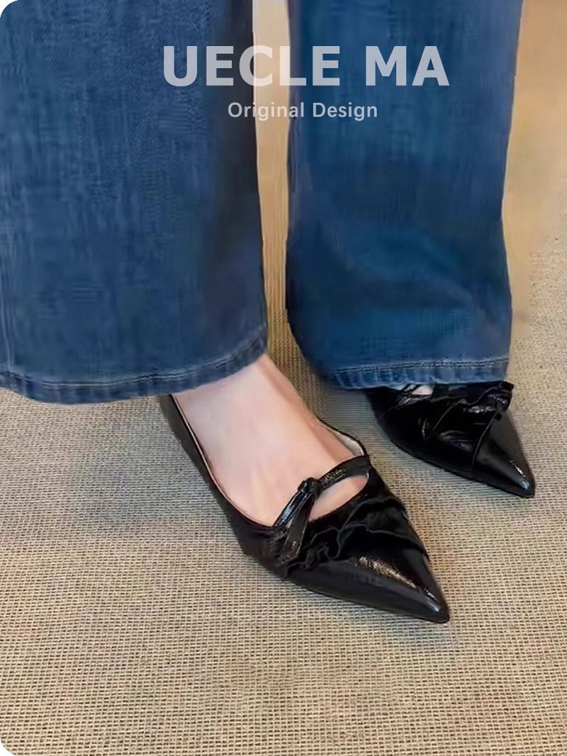 Scarpe singole in vera pelle di agnello morbida per donna, con fondo piatto, punta affusolata, piccoli tacchi a zeppa, temperamento, scarpe versatili con fiocco._voghion.com