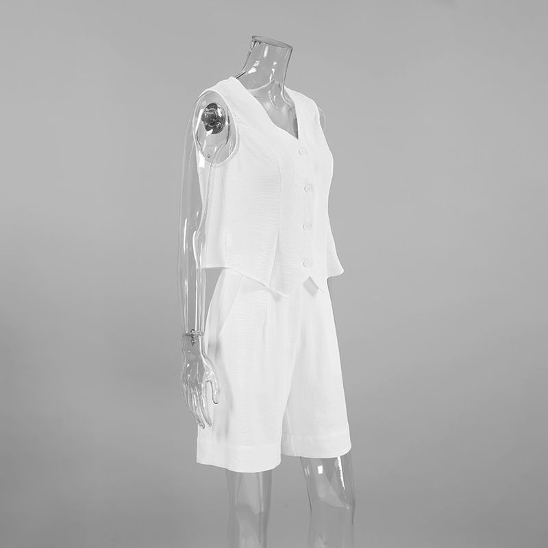 Ropa de mujer de verano, combina con todo, sencillo, sin mangas, cuello en V, chaleco, pantalones cortos, traje de dos piezas, traje informal de moda blanco_voghion.com