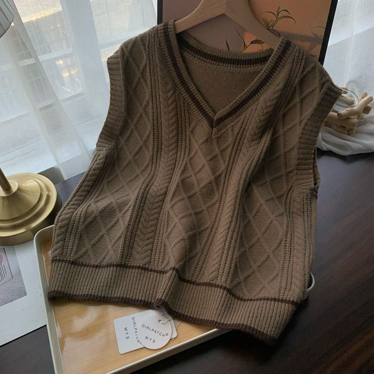 Couleur contrastée, col polyvalent, gilet tricoté à torsion de pâte frite, printemps et automne, version coréenne, vêtements superposés, gilet, pull et gilet_voghion.com