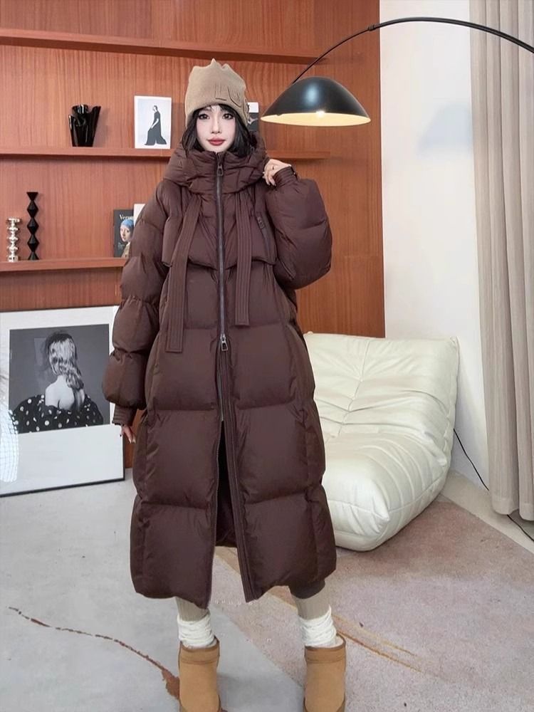 Women's Long Padded Down Coat With Hood, Oversized Winter Jacket, Warm Thick Polyester Parka For Cold Weather (White, Black, Brown, Khaki)_voghion.com