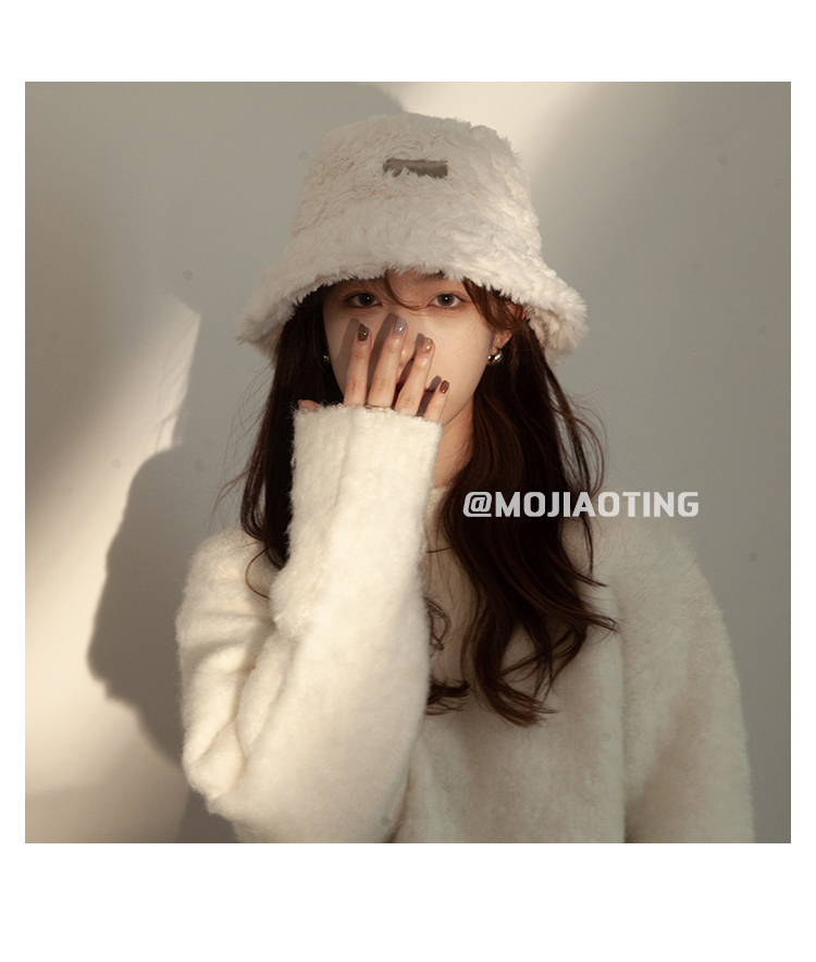 Japanische Damen-Neusilber-Label-Plüsch-Fischermütze mit großer Krempe, Herbst- und Winter-verdickter Warmwasser-Eimerhut,_voghion.com