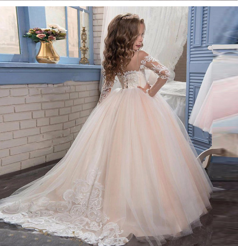 Madre e bambini Abito con pomello per ragazze Abito da principessa Abito da sera Abito da spettacolo per pianoforte Abito da sposa coda lunga Abito da bambino dei fiori_voghion.com