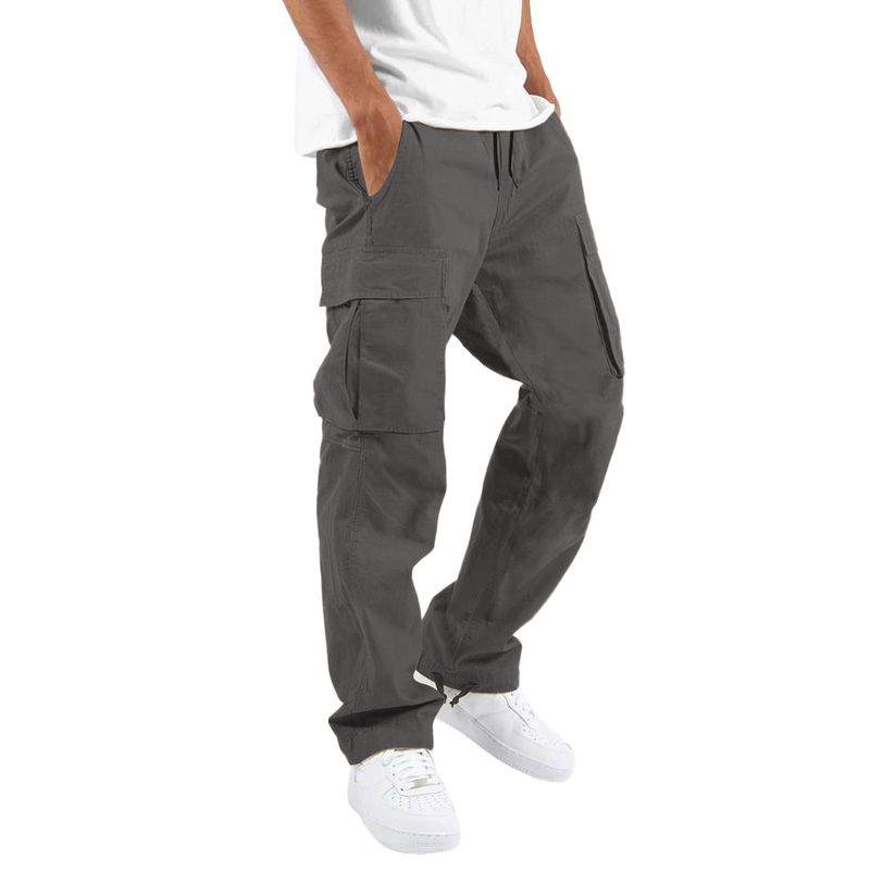 Calça cargo masculina amarrada com vários bolsos casual_voghion.com