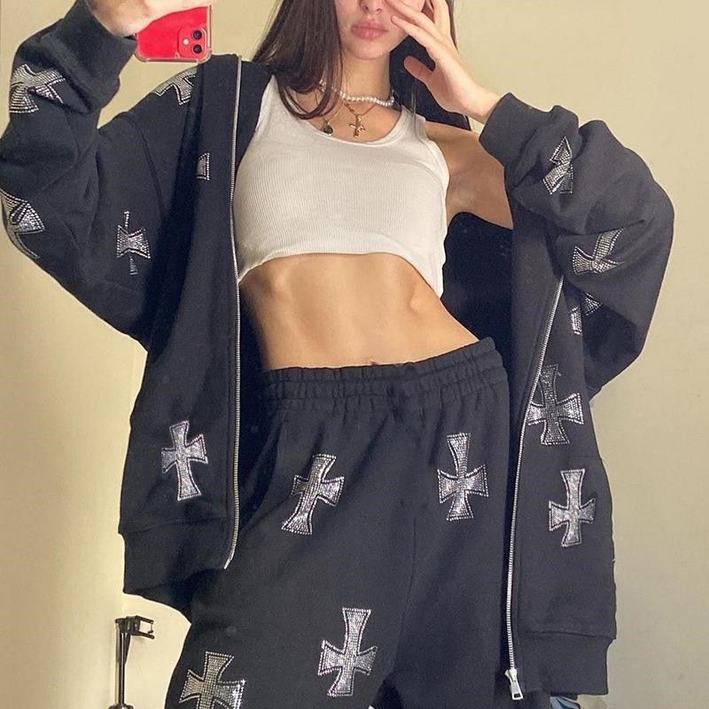Women's Streetwear Hoodie & Pants Set With Cross Rhinestone Zipper - Oversized Pullover & Joggers Outfit For Fall (White, Black)_voghion.com