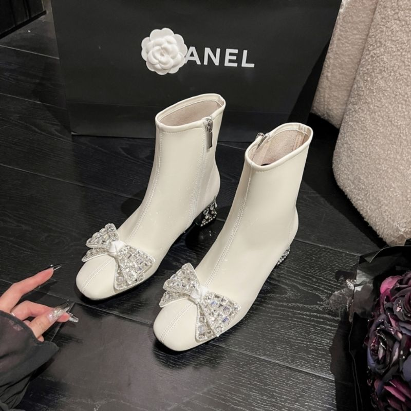 Chunky heel ankle boots for women 2023 autumn/winter new velvet mid-heel rhindiamond-bow Martin boots for women fashion senior_voghion.com