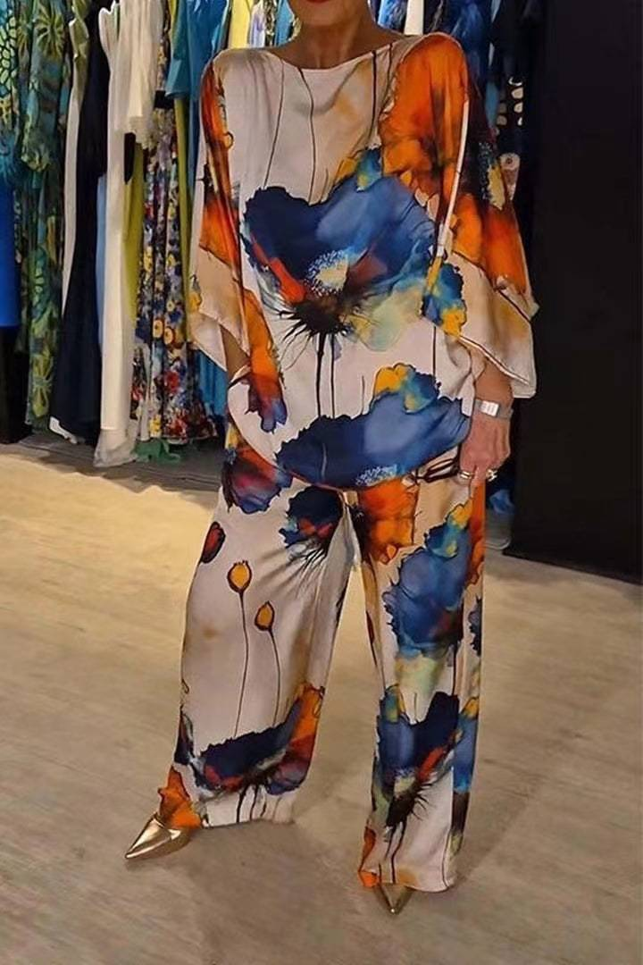 Set da due pezzi in raso stampato sfumato da donna, camicie a maniche lunghe, pantaloni dritti larghi a vita alta, set 2024 autunno nuovo streetwear_voghion.com