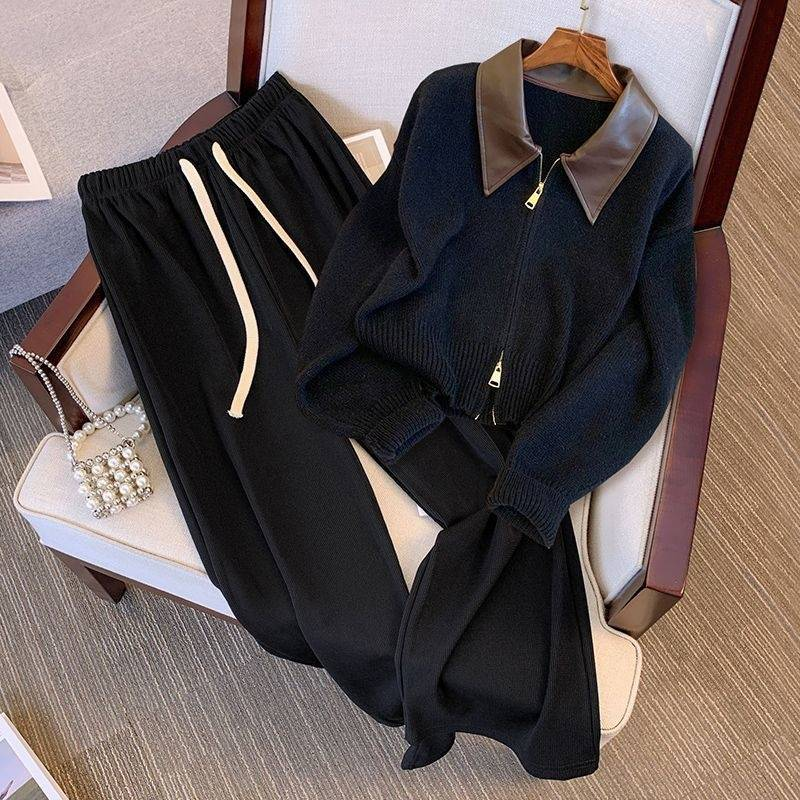 Damenbekleidung Herbst und Winter Neue Fat Mm Retro Reißverschluss Pullover Strickjacke Damen Schlanke Hose mit weitem Bein Bedecken Fleischanzug_voghion.com