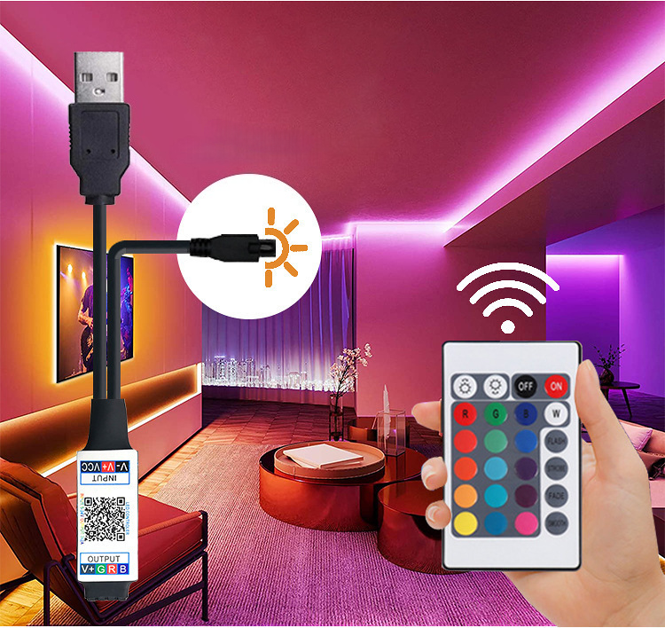 Kit de bande lumineuse LED RVB 5050 avec télécommande 44 touches et contrôle Bluetooth, alimentation USB 5 V, 12/30/60 LED par mètre, pour la décoration de la maison et des fêtes_voghion.com