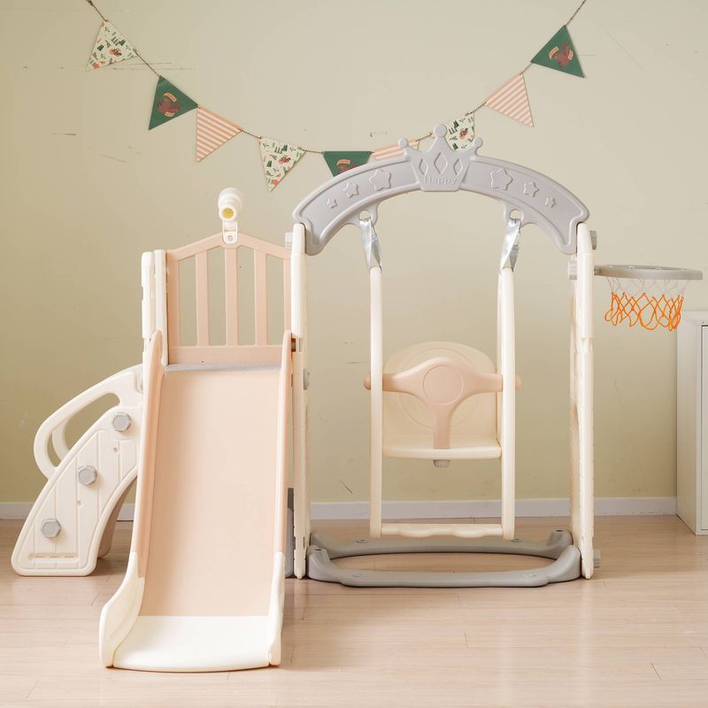 Aire de jeux multifonction 5 en 1 pour enfants avec balançoire, toboggan, échelle d'escalade, panier de basket, télescope et coffre de rangement – Aire de jeux intérieure et extérieure_voghion.com
