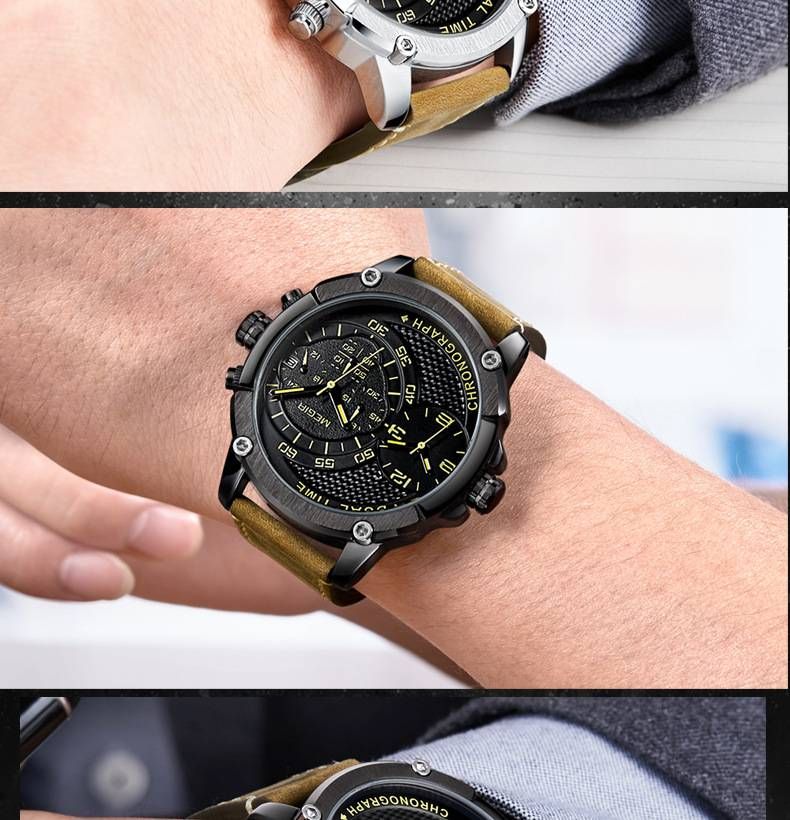 Orologio da uomo GMT Dual-Time – Cinturino in vera pelle da 48 mm con data e indicatore delle 24 ore (cronografo resistente all'acqua per viaggi e lavoro)_voghion.com