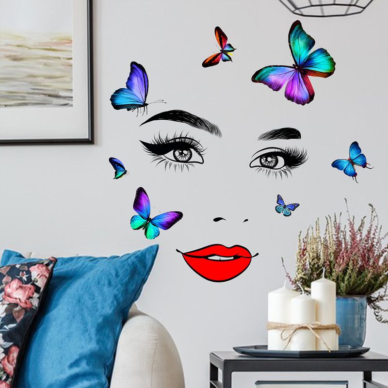 Women's PVC Matte JS-N Red Lips Eyes Butterfly Background Room Self Adhesive Wall Stickers_voghion.com