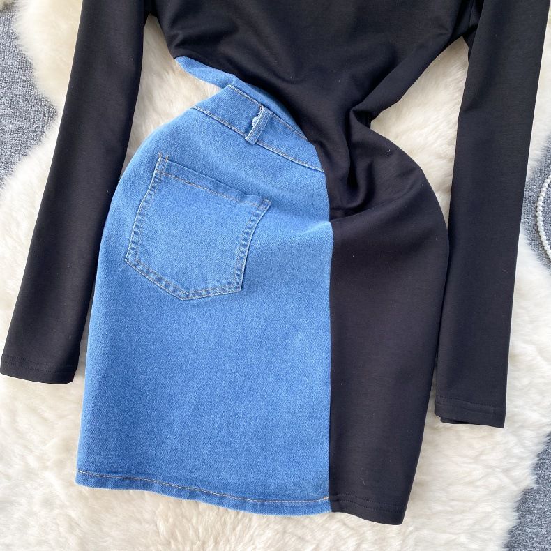 Kleidung 2024 Frühling Damen Design Farbkontrast Nische Reißverschluss Schlank Kurz Denim Hüftrock Kleid Damen_voghion.com