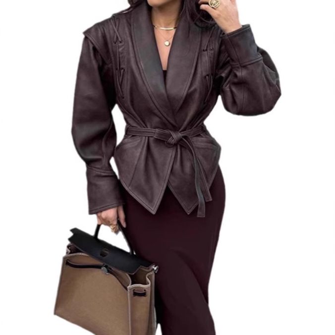 2024 Autumn New Fashionable Elegant Lapel Tie Long Sleeve Jacket Leather Coat Commuter Style_voghion.com