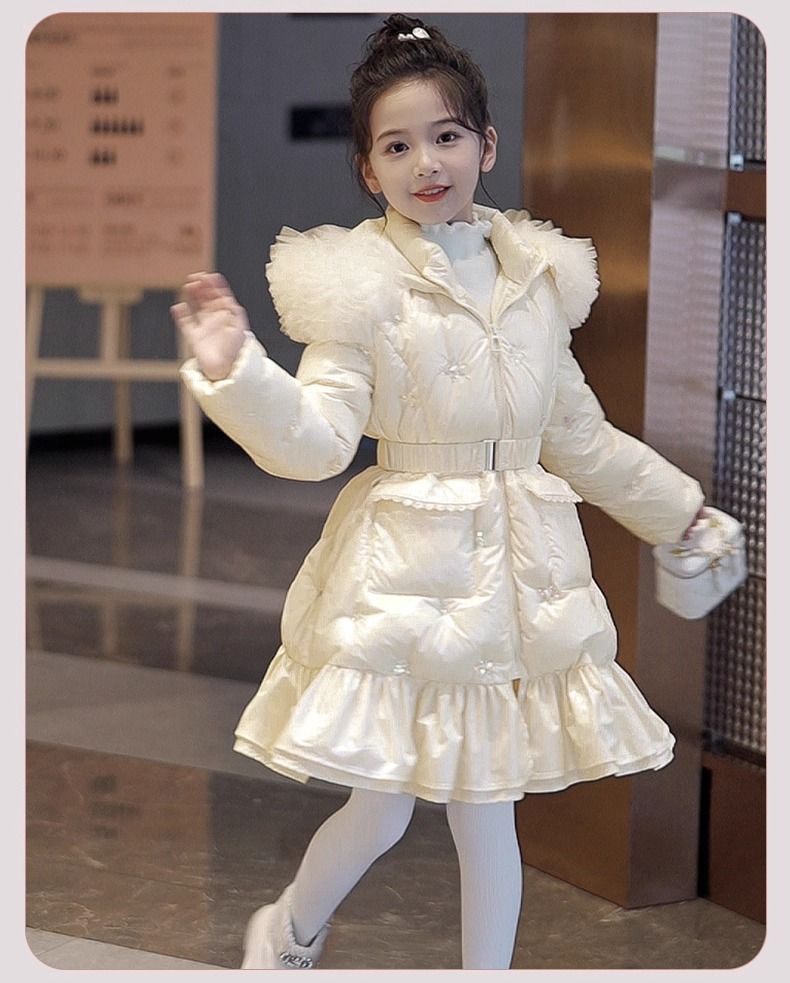 Kurzjacke mit Glitzerstickerei für Kinder – Lange Winterjacke mit Taillenband (Unisex, Gelb, 8–14 Jahre)_voghion.com