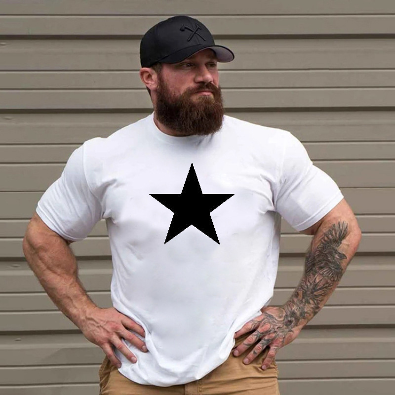 Nuova maglietta casual da uomo a maniche corte con scollo rotondo e stampa a stella a cinque punte, tendenza 2025_voghion.com