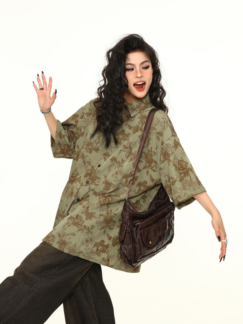 Camicia estiva ampia e alla moda in stile americano, a maniche corte, stile vintage floreale, stile Wild Azi, per donna_voghion.com