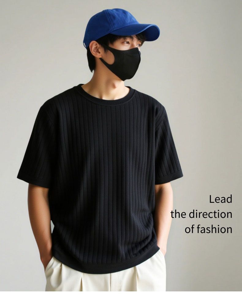 Men's Business Casual Knit T-Shirt - Slim Relaxed Fit, Breathable Polyester, Striped Short Sleeve Top (Black)_voghion.com