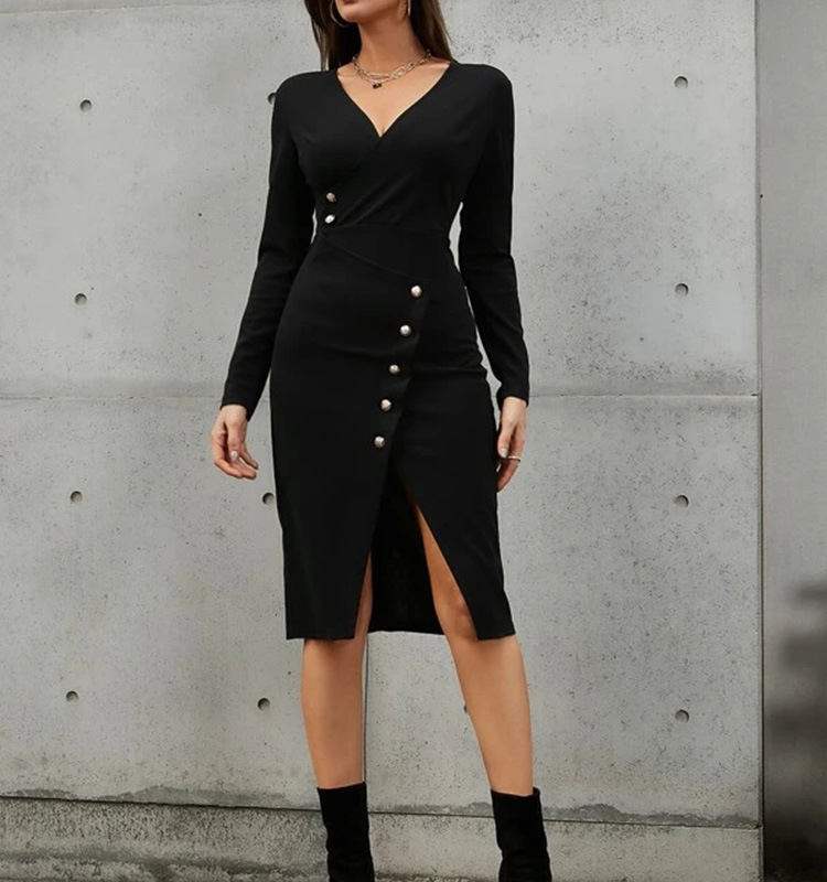 Damesmode slim-fit tas met V-hals, hippe splitknoopjurk met lange mouwen_voghion.com