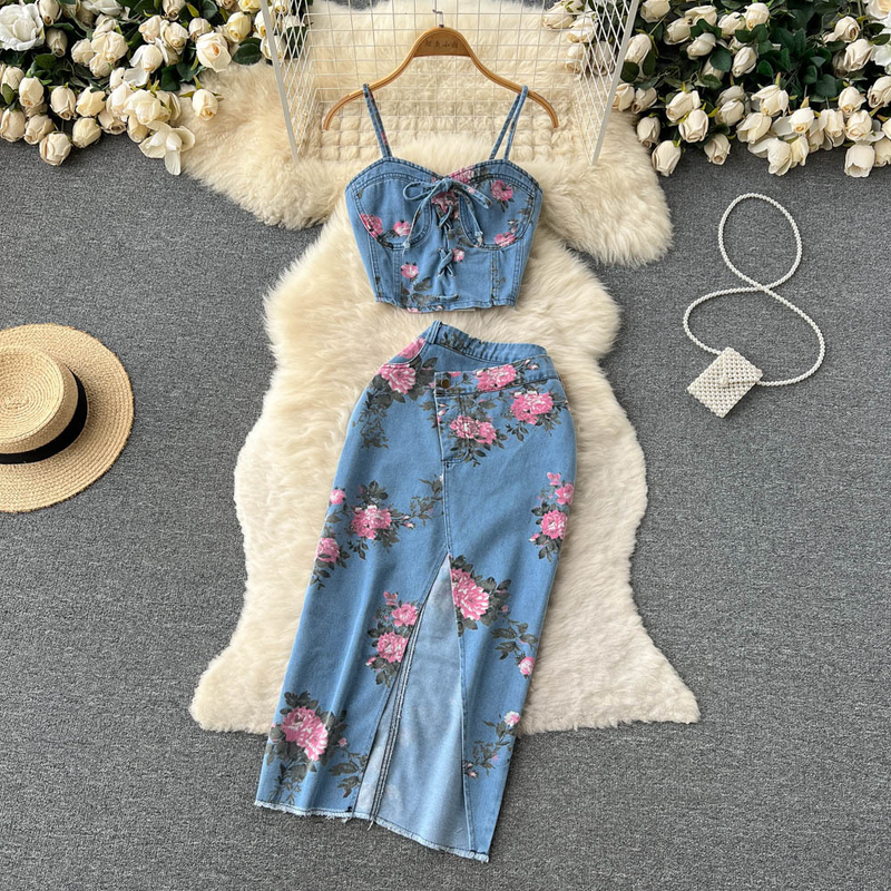 Tatlı kızlar için kadın takım elbise, omuzları açık kaşkorse, yüksek bel yırtmaçlı etek ikili takım_voghion.com