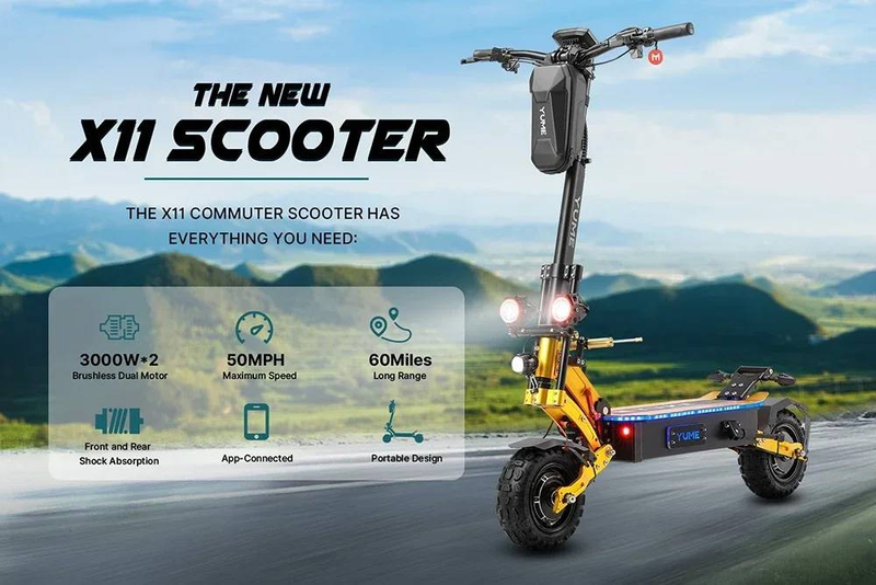 YUME X11 + Električni skuter 6000W 60V 27Ah Dual Motors Baterija 11-inčne gume 90KM Maksimalna kilometraža 150KG Maksimalna brzina 80km/h E-skuter_voghion.com