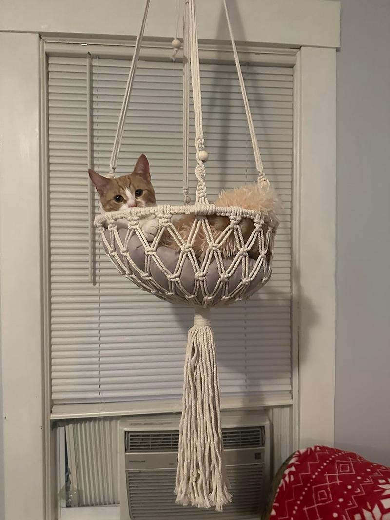 Boho handgewebtes Katzenhängemattenbett mit stabilem Eisenrahmen - Hängendes Katzenbett für große Katzen im Innenbereich, gemütliche Lounge & Wohndekor, einfache Installation_voghion.com