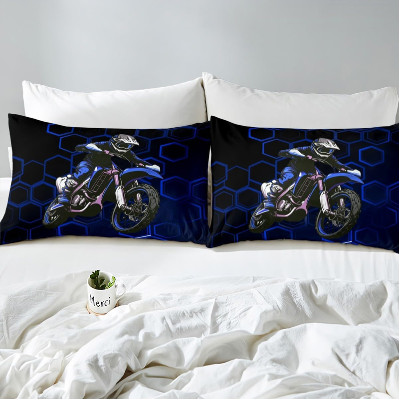 Blaues Dirtbike-Bettbezug-Set, Doppelgröße für Kinder, Jungen, Teenager, Schlafzimmer, sechseckiges Wabenbettwäsche-Set, geometrischer Extremsport-Bettbezug mit_voghion.com